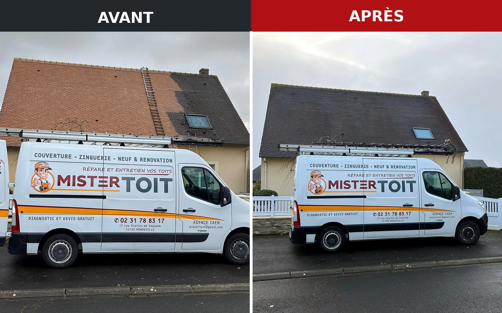 Avant après d'un entretien de toiture réalisé par Mister Toit