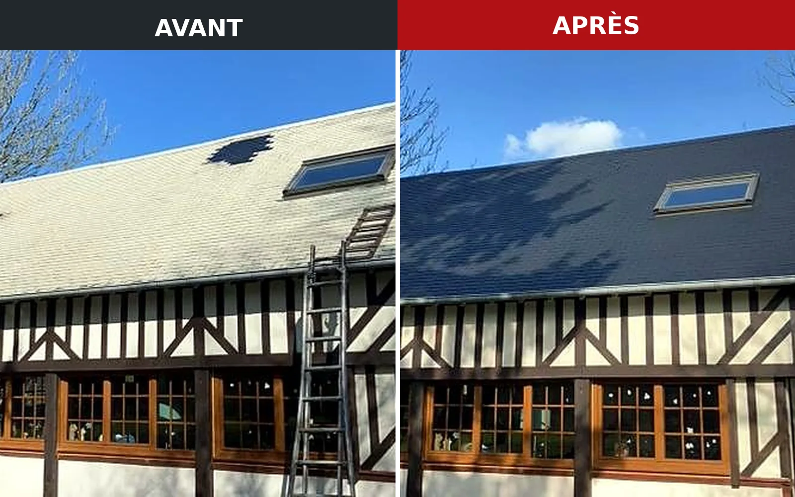 Avant après d'une rénovation de toiture sur maison normande